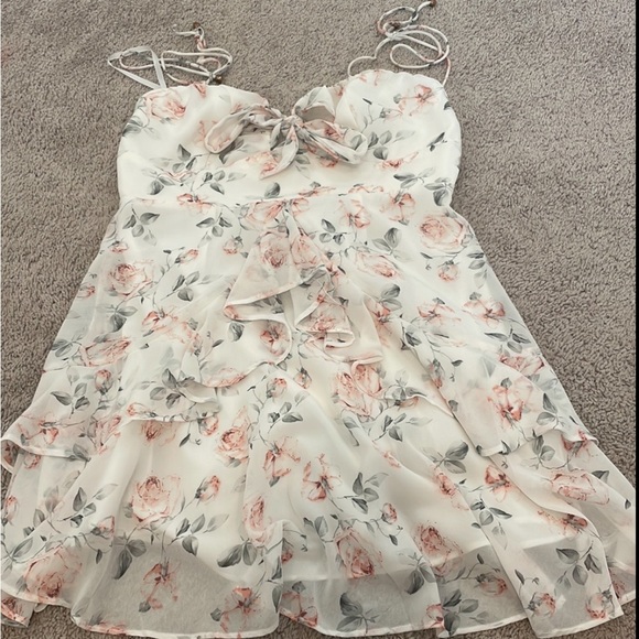 White pink floral mini ruffle dress - Picture 1 of 2